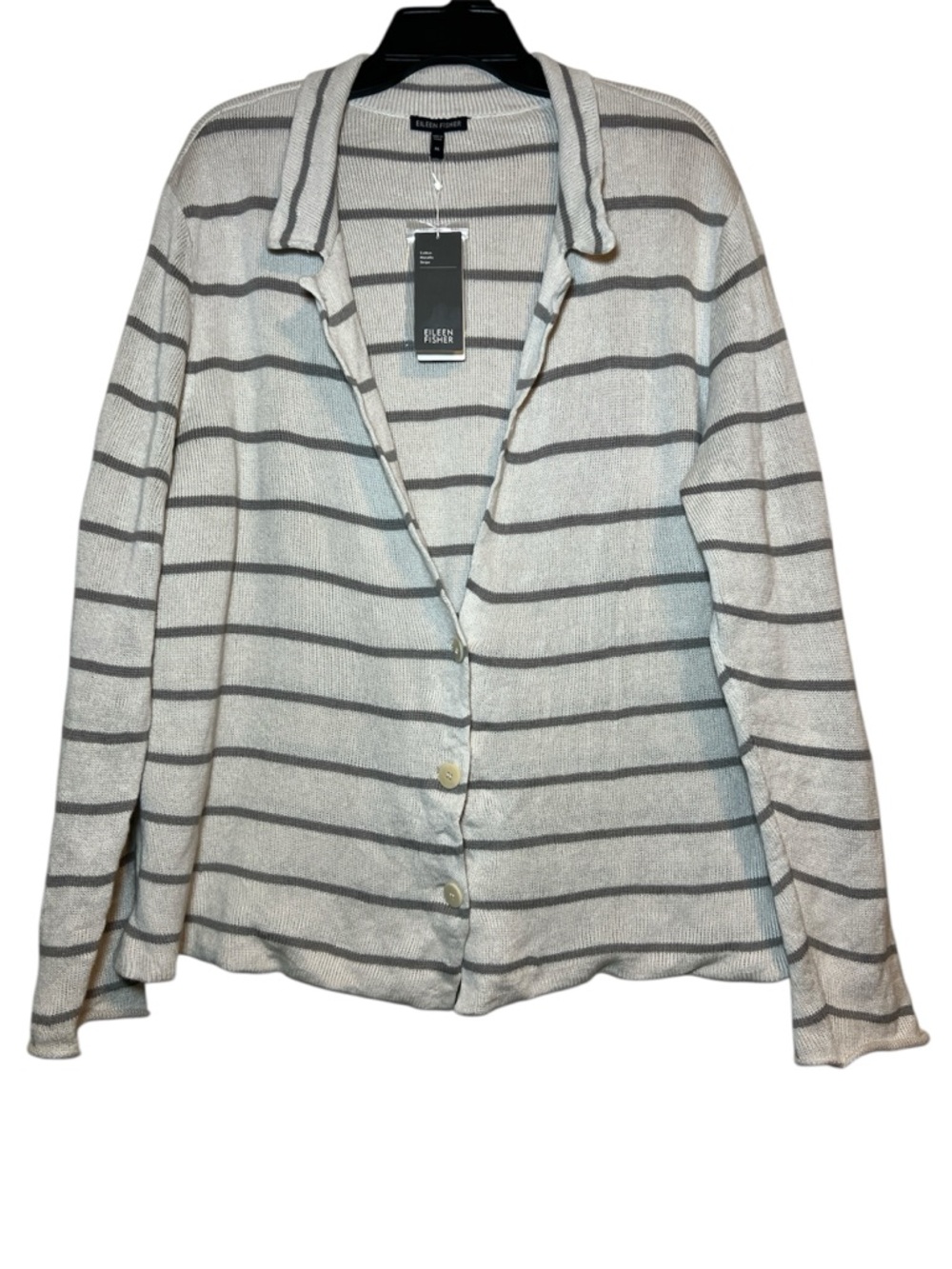Eileen Fisher Notch Collar Striped Cotton Button Cardigan Sweater Size XL NWT